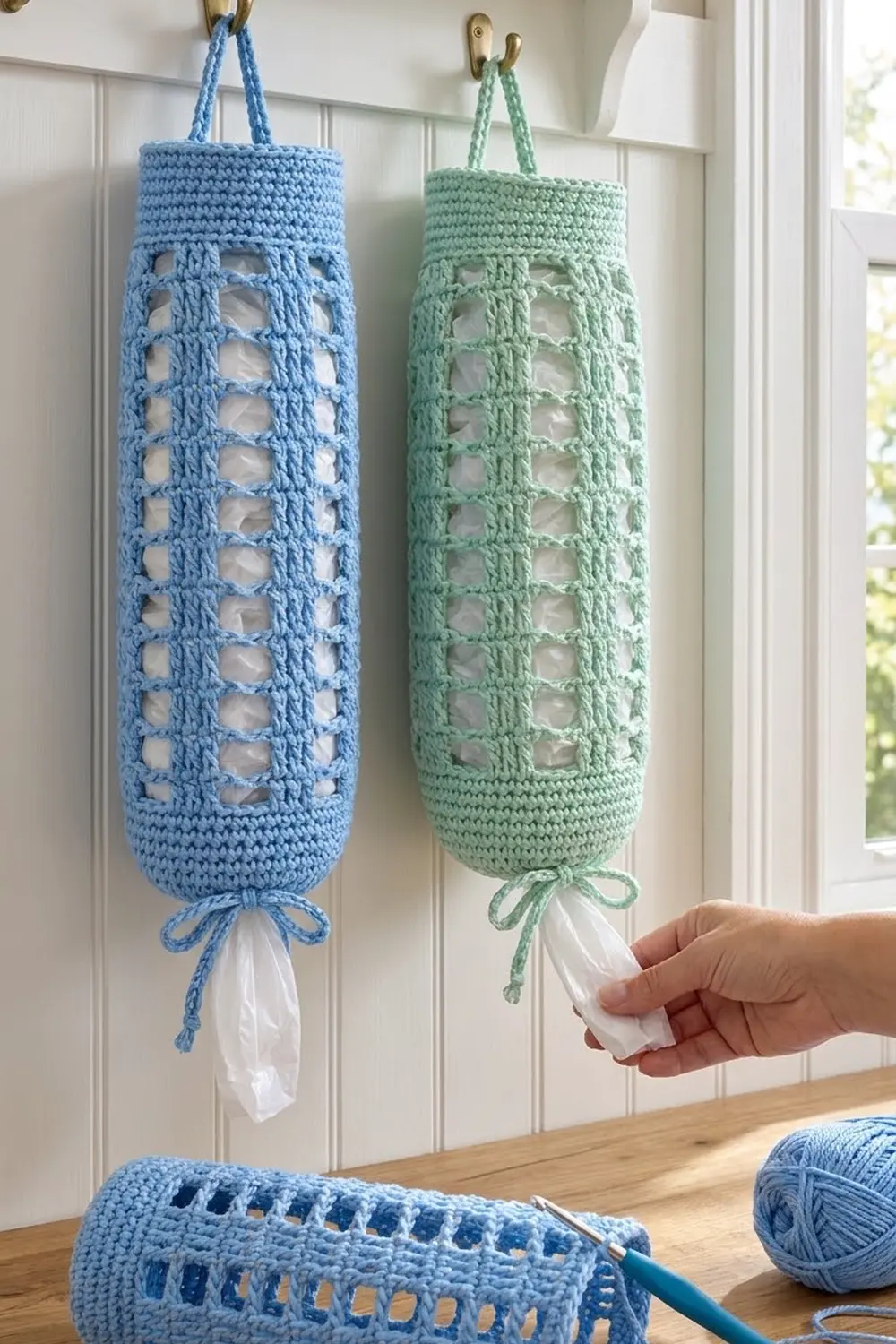 Two crocheted hanging storage bags in blue and green with openwork patterns hold white plastic bags in a bright kitchen.