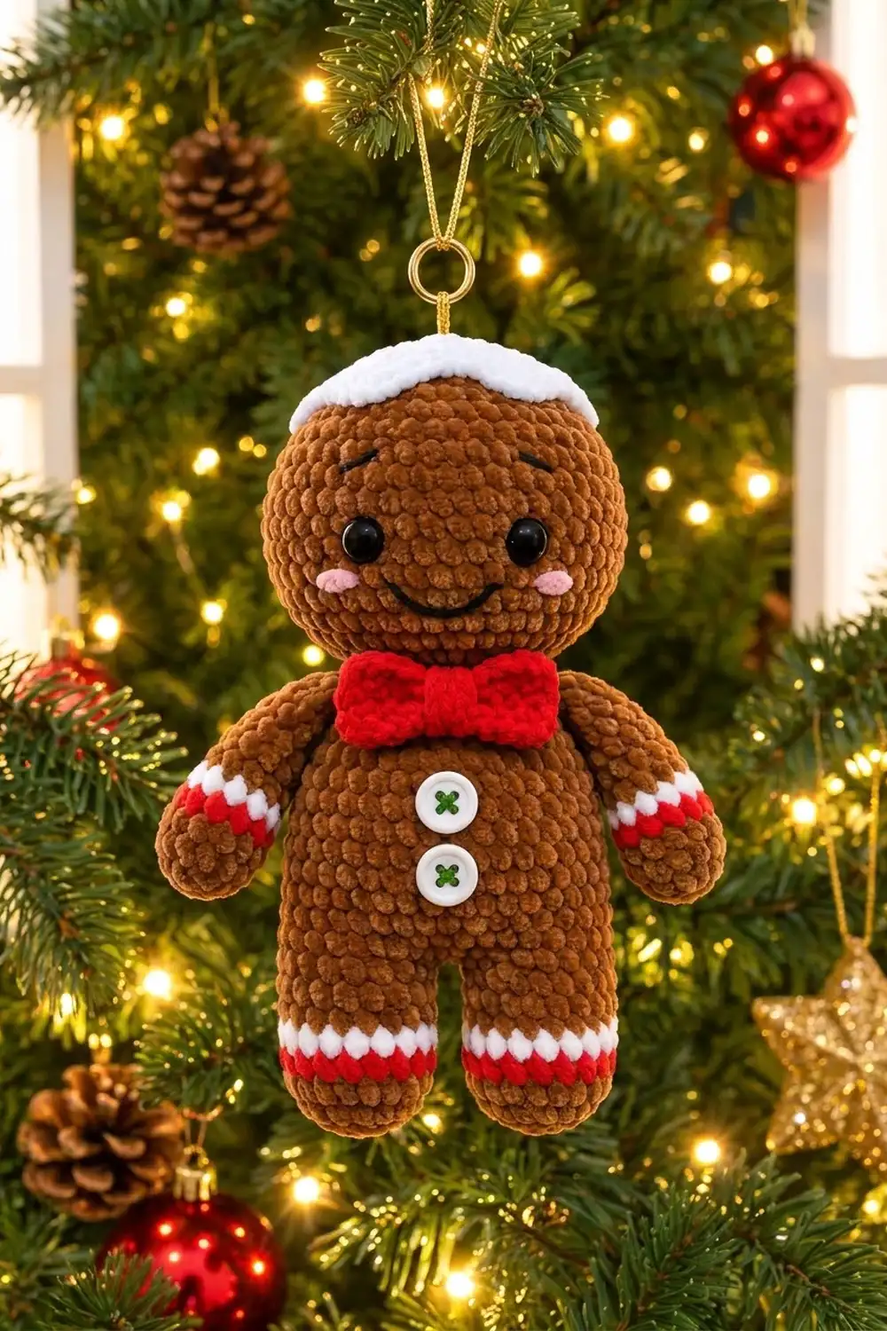A crocheted gingerbread man ornament with red bow tie hangs from a Christmas tree decorated with lights and baubles.