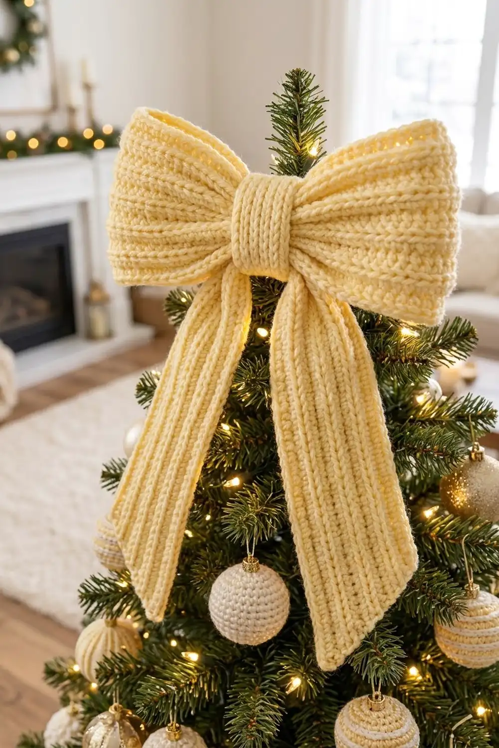 A cream-colored crocheted bow ornament adorns a decorated Christmas tree with warm lights and knitted baubles.