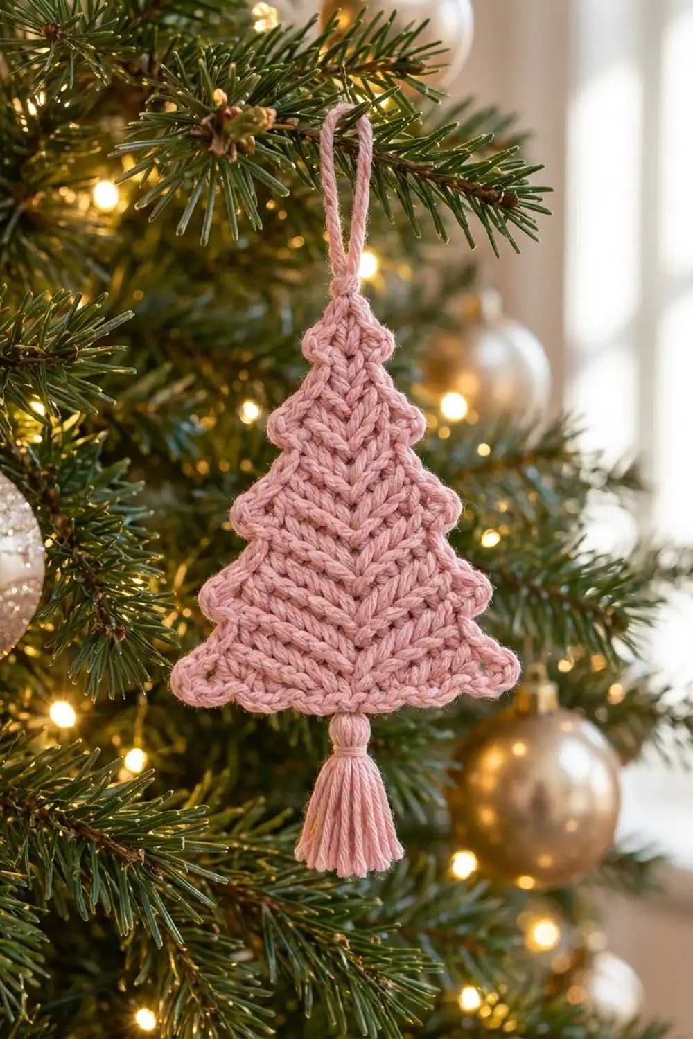 A pink crocheted Christmas tree ornament with a tassel hangs from evergreen branches among warm lights and white baubles.