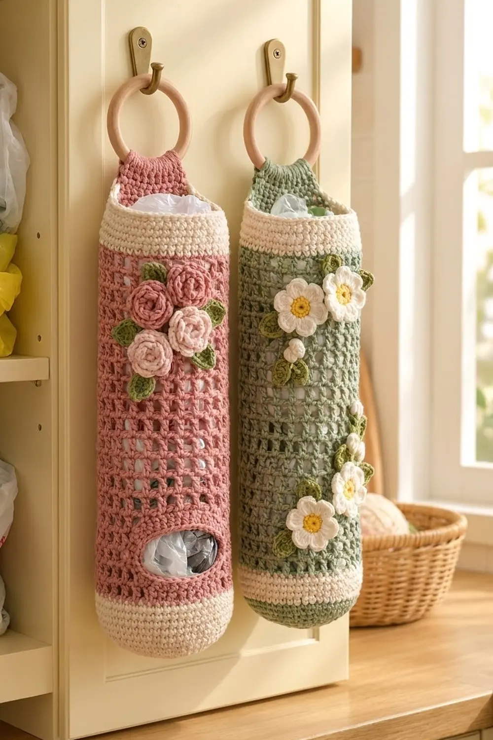 Two crocheted tissue holders in pink and sage green with floral embellishments hang from wooden rings on a bathroom door.