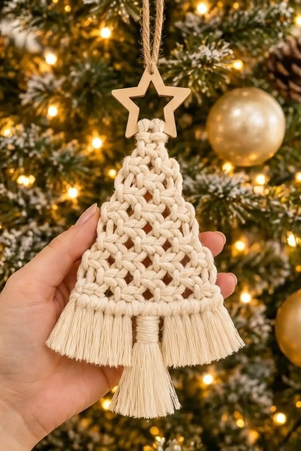 A cream macramé Christmas tree ornament with star topper held in front of a decorated tree with gold lights.