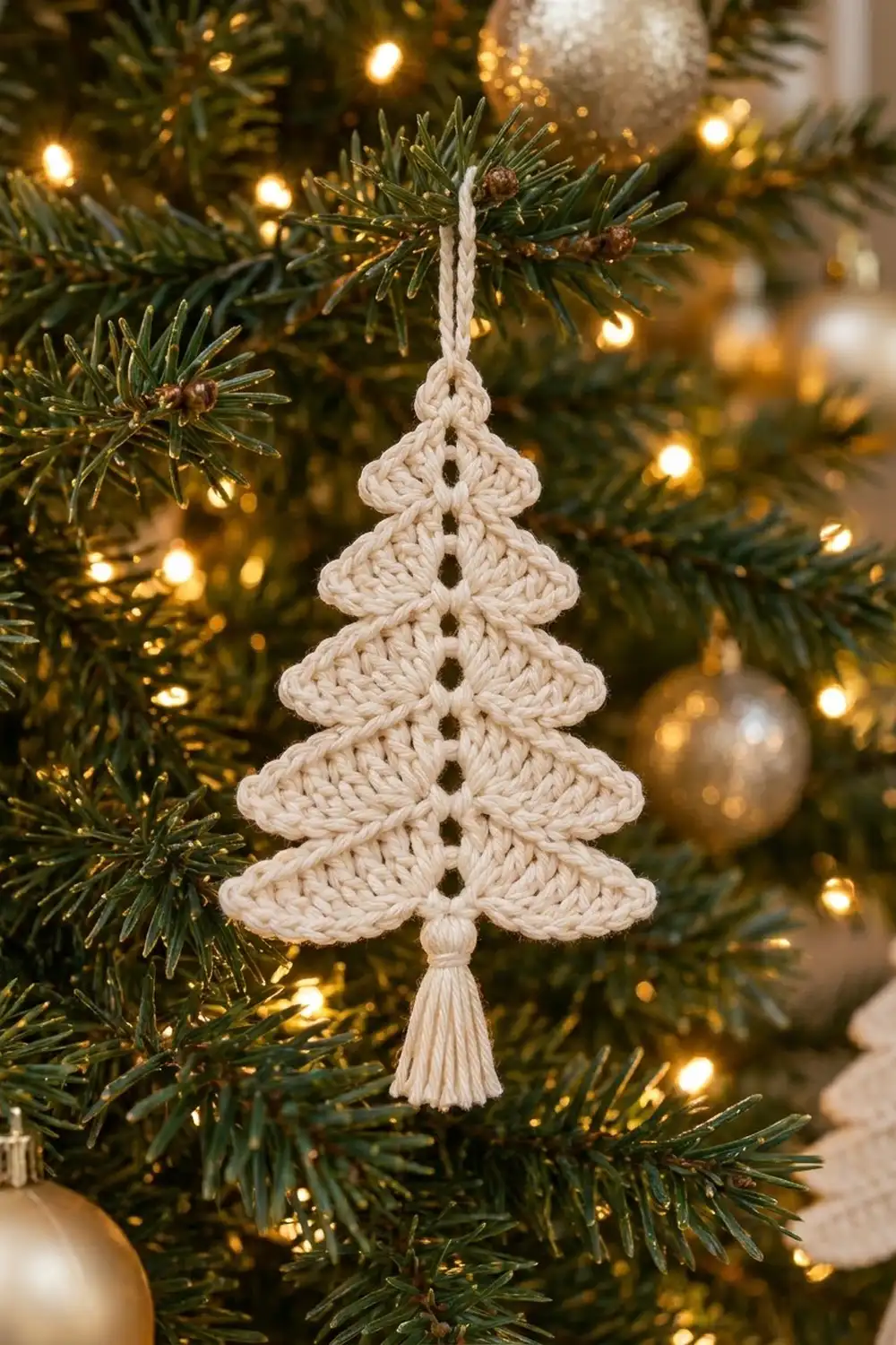 A cream-colored crocheted Christmas tree ornament hangs from evergreen branches amid warm golden lights and baubles.