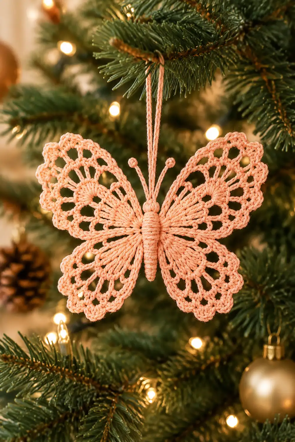 A delicate crocheted peach butterfly ornament hangs from a string on a decorated Christmas tree with lights and gold baubles.