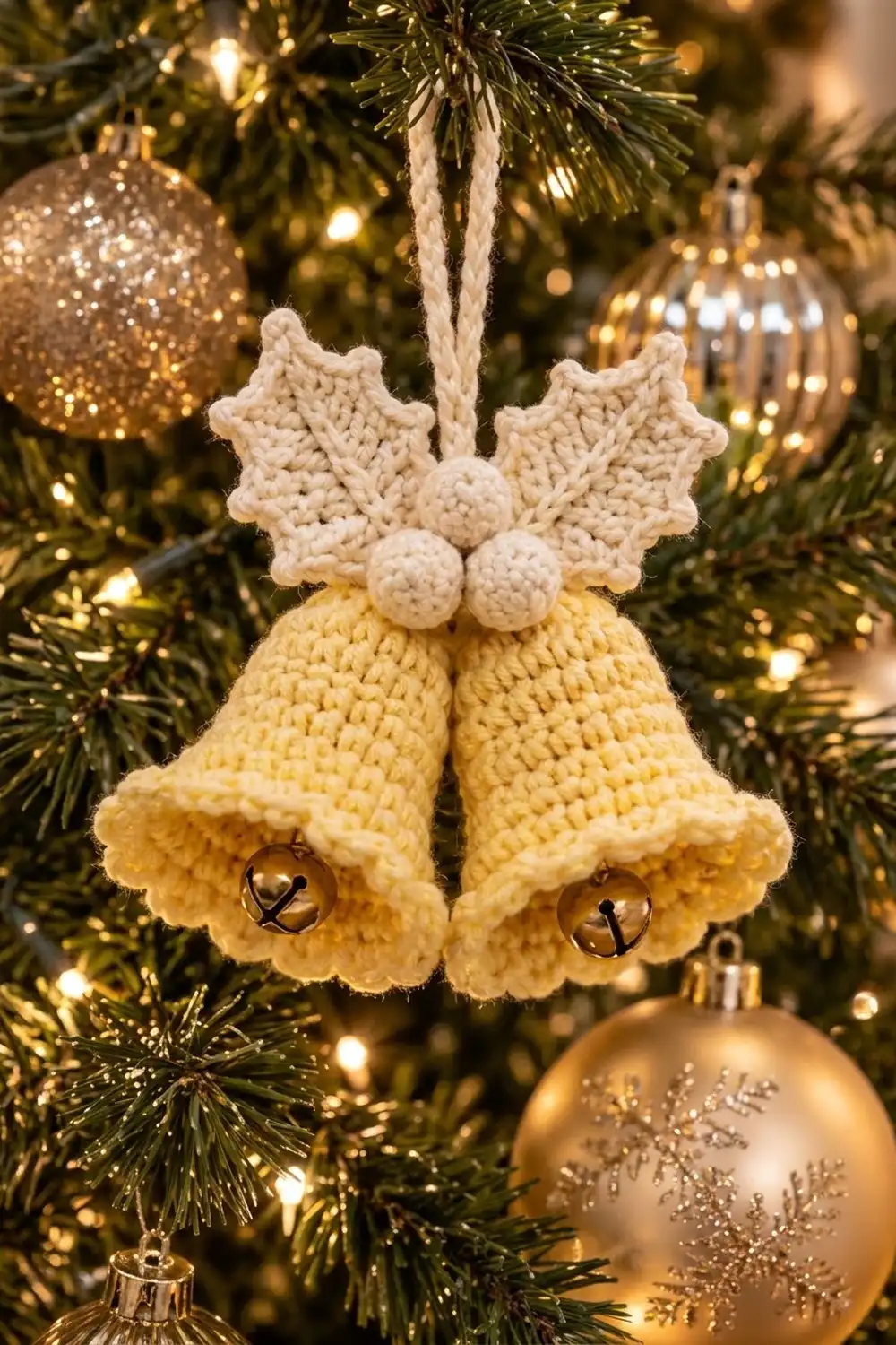 Crocheted yellow bells with cream holly leaves and jingle bells hung among gold glitter baubles on a lit Christmas tree.