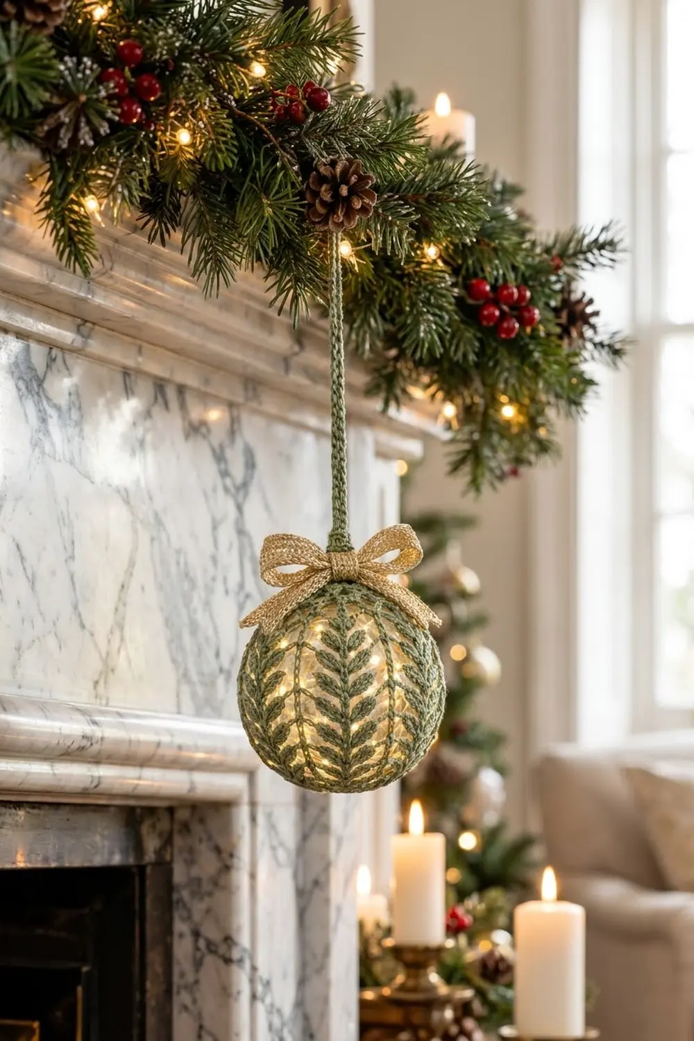 A crocheted gold bauble with fern pattern and golden bow hangs on a marble fireplace mantel among festive holiday decorations.