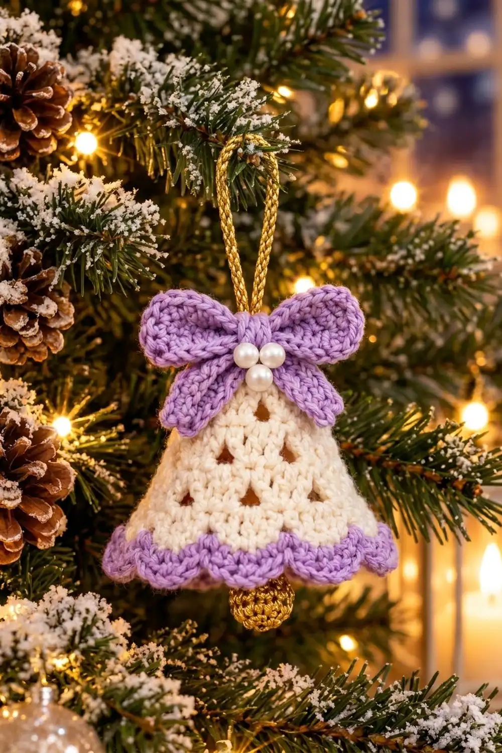 Crocheted lavender-bow cream bell ornament with pearl beads hanging on snowy evergreen garland with warm golden lights.