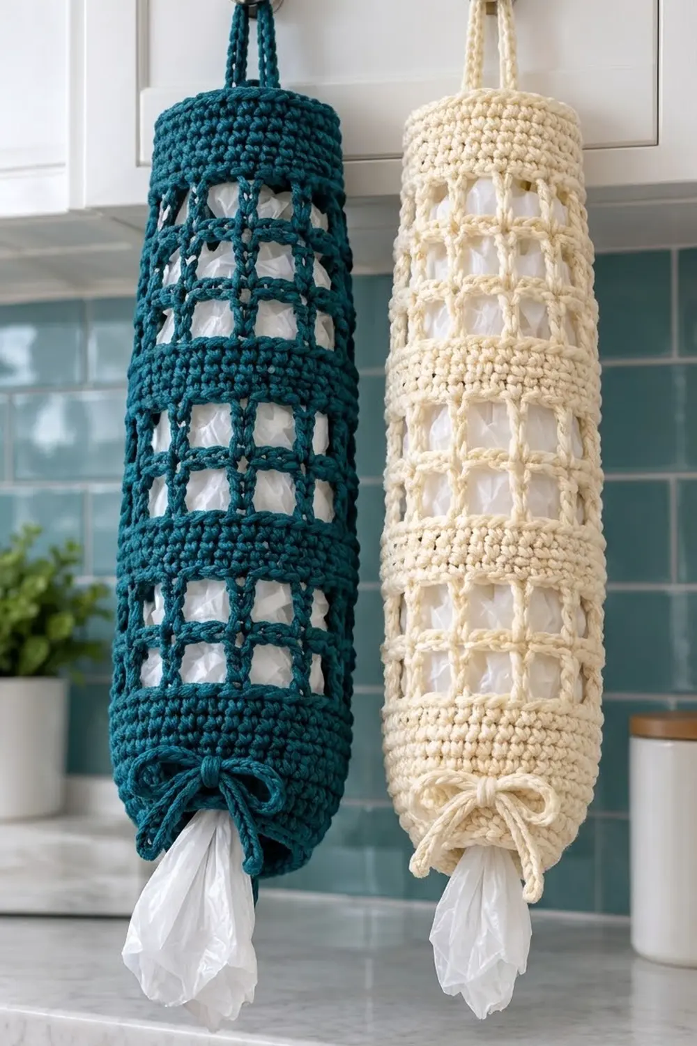 Two crocheted plastic bag holders in teal and cream hang by a subway tile window in a bright kitchen.