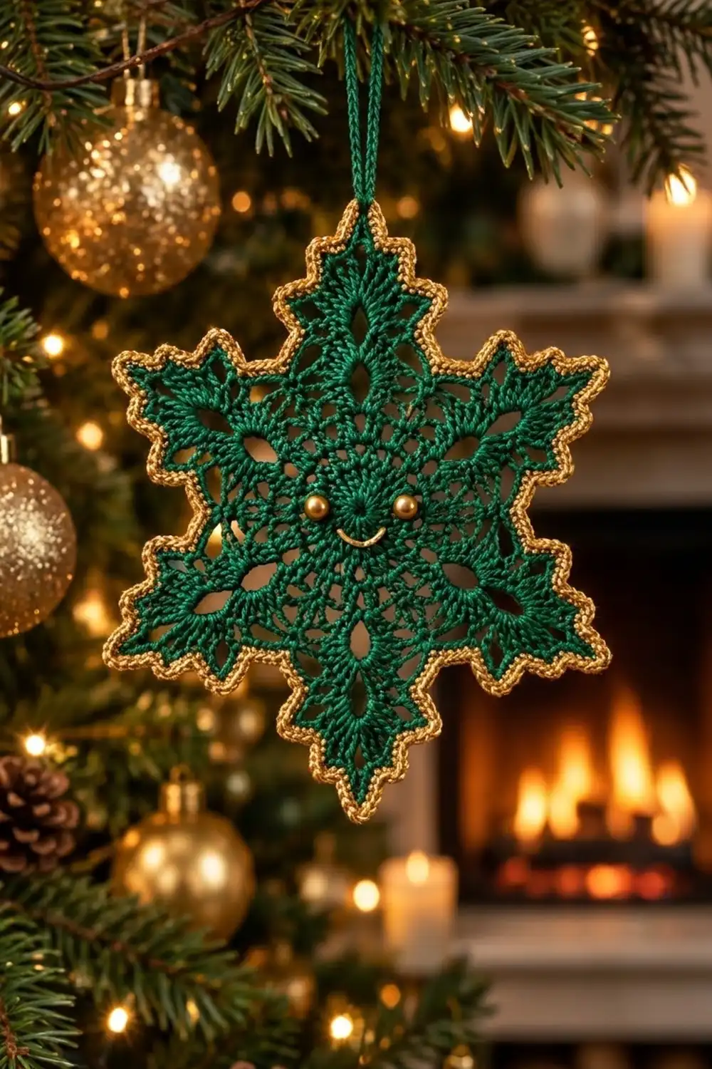 Handmade green and gold crocheted snowflake with beaded smile hangs on an evergreen tree with warm twinkling lights.