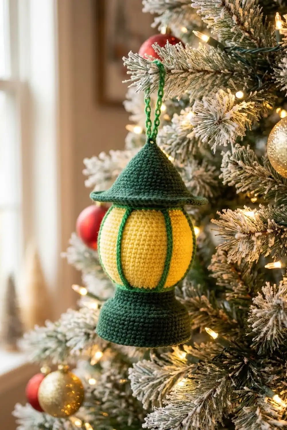 Green and yellow crocheted lantern ornament hanging on a frosted Christmas tree with warm white lights.