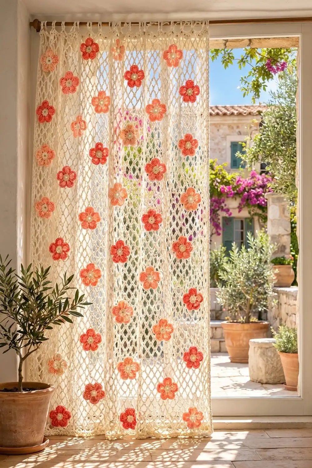 Cream crocheted curtain with red and coral flower appliqués hung at French doors overlooking a sunny Mediterranean patio.