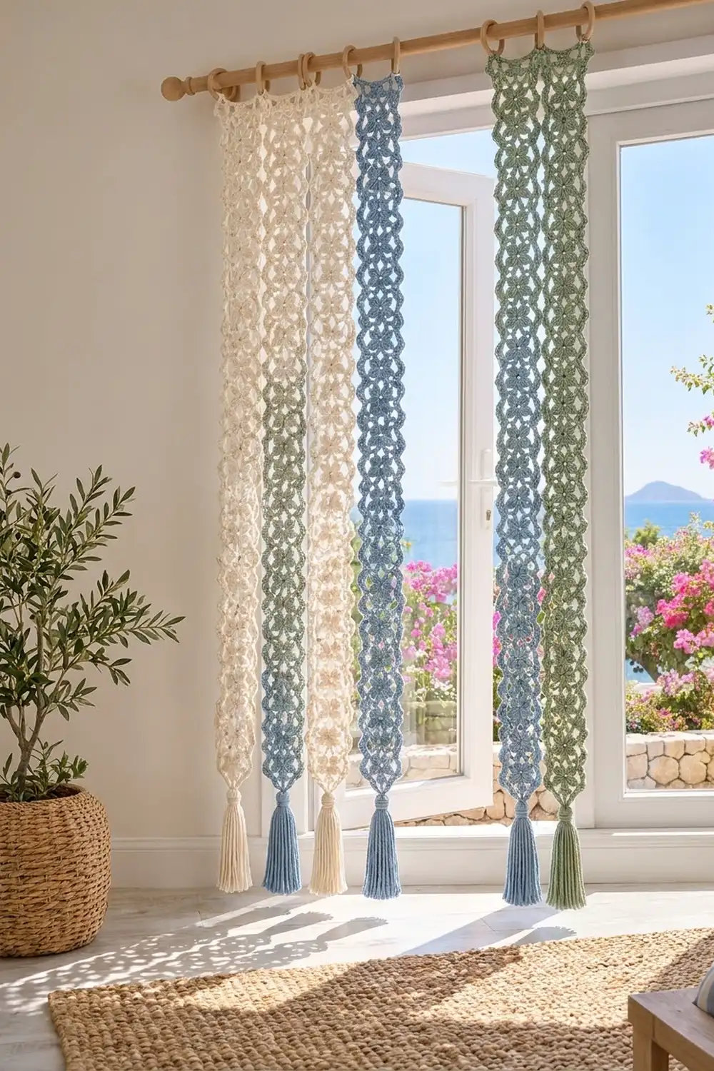 Crocheted wall hangings in cream, navy, and sage with tassels hang in a bright coastal room overlooking the ocean.