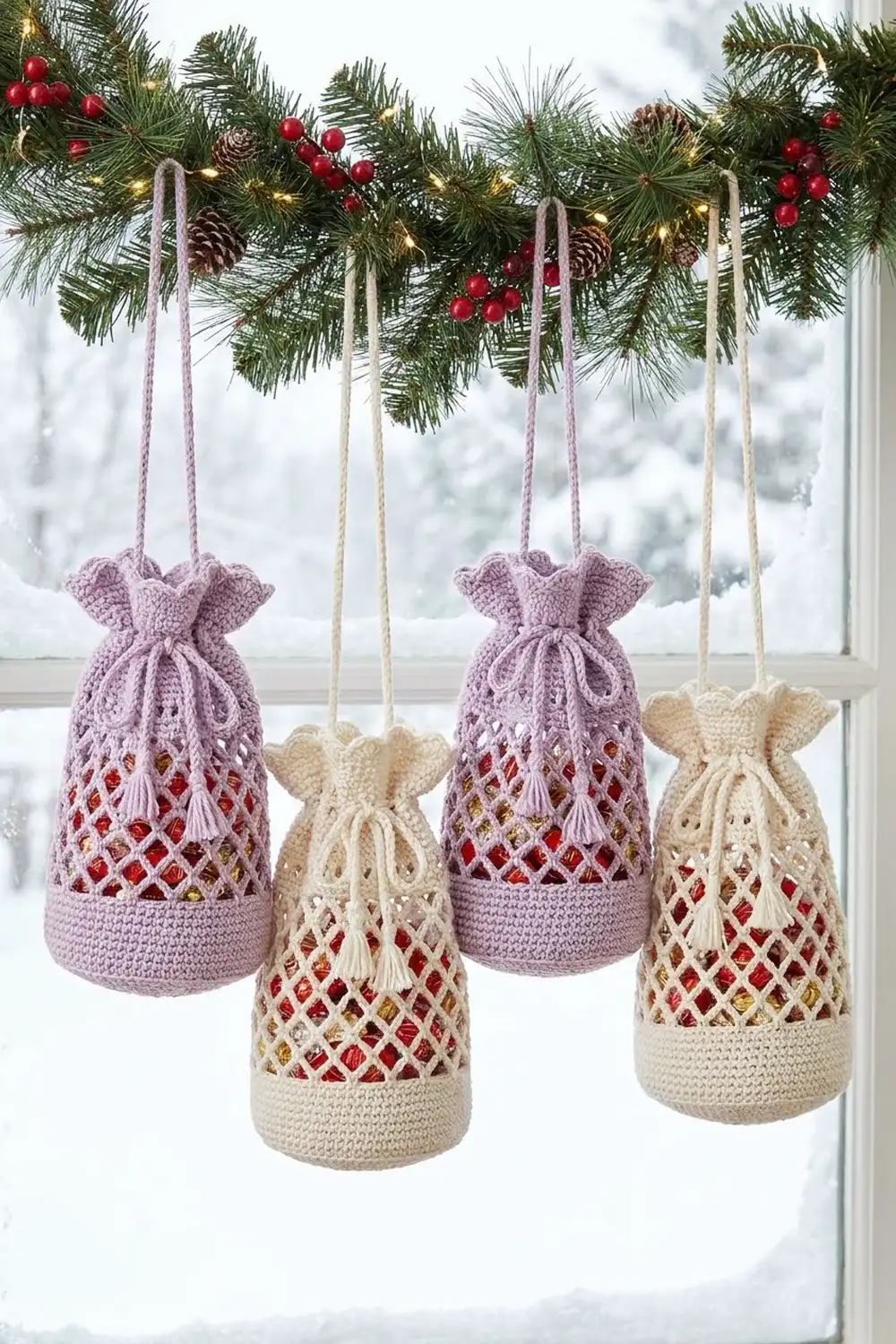 Four crocheted gift bags in purple and cream hang from holiday garland with red berries, displayed on a snowy windowsill.