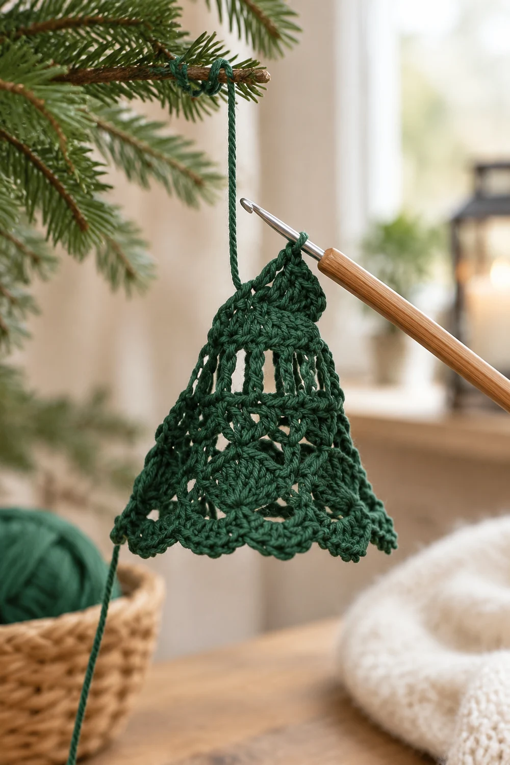 A green crocheted bell ornament hangs from an evergreen branch with a wooden crochet hook nearby.