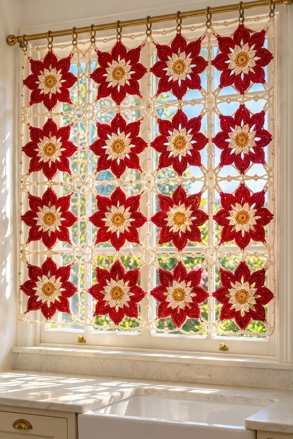 Crocheted red and white flowers with yellow centers hanging from a brass rod against a bright window.