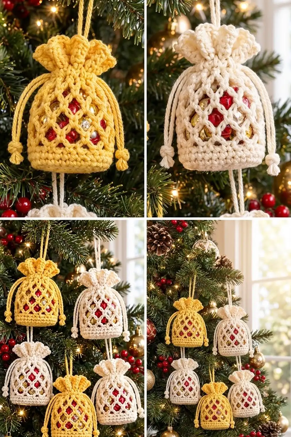 Yellow and cream crocheted drawstring ornaments with red diamond patterns hanging on an evergreen Christmas tree with warm golden lights.
