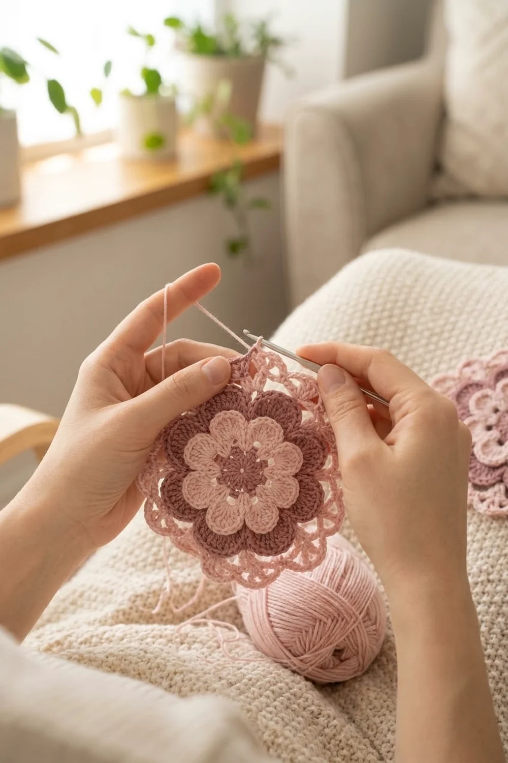 Hands crocheting a delicate pink flower motif with yarn in a bright, minimalist living room setting.