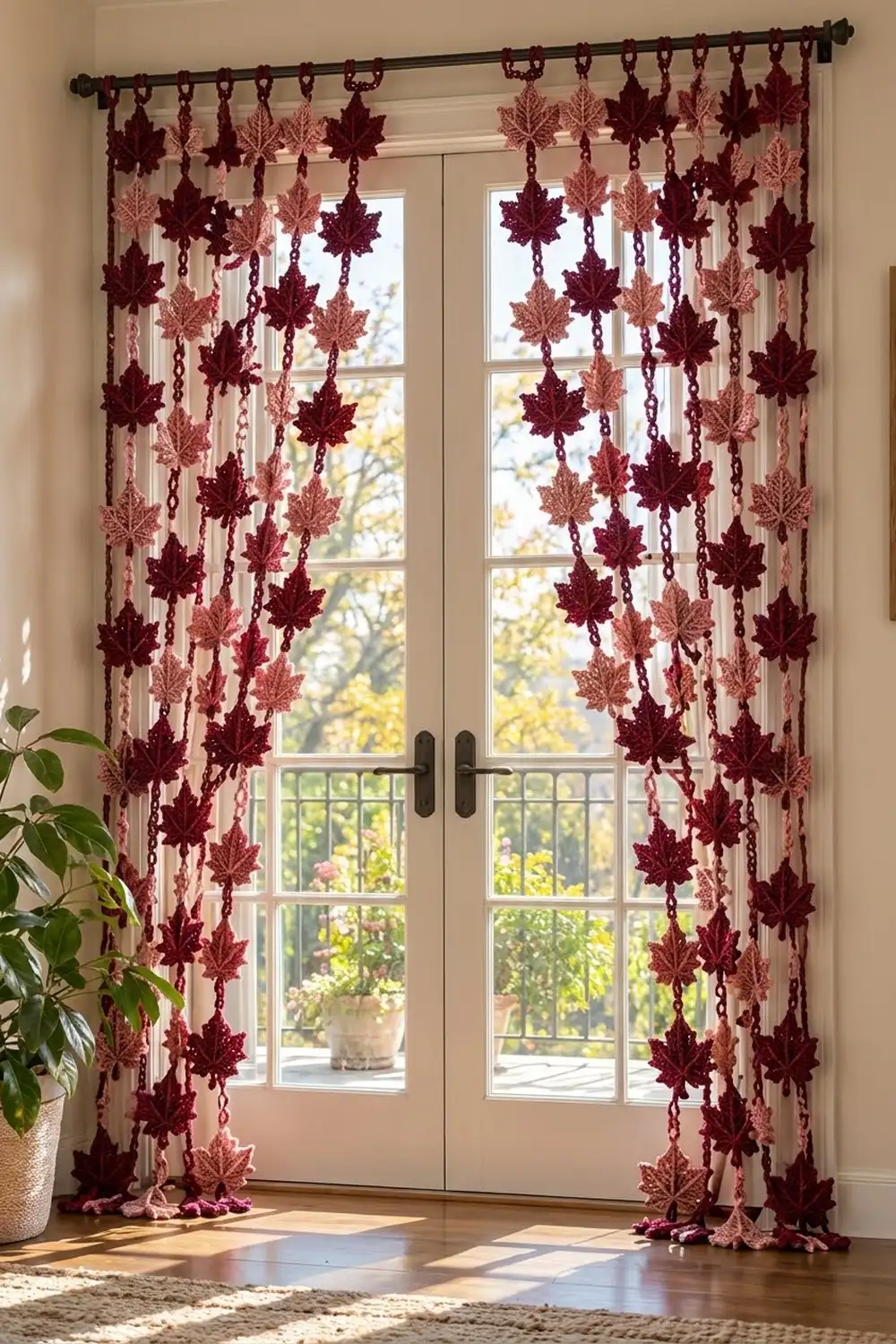 Crocheted burgundy and pink maple leaves hang in vertical strands from a black rod above glass-paned doors.