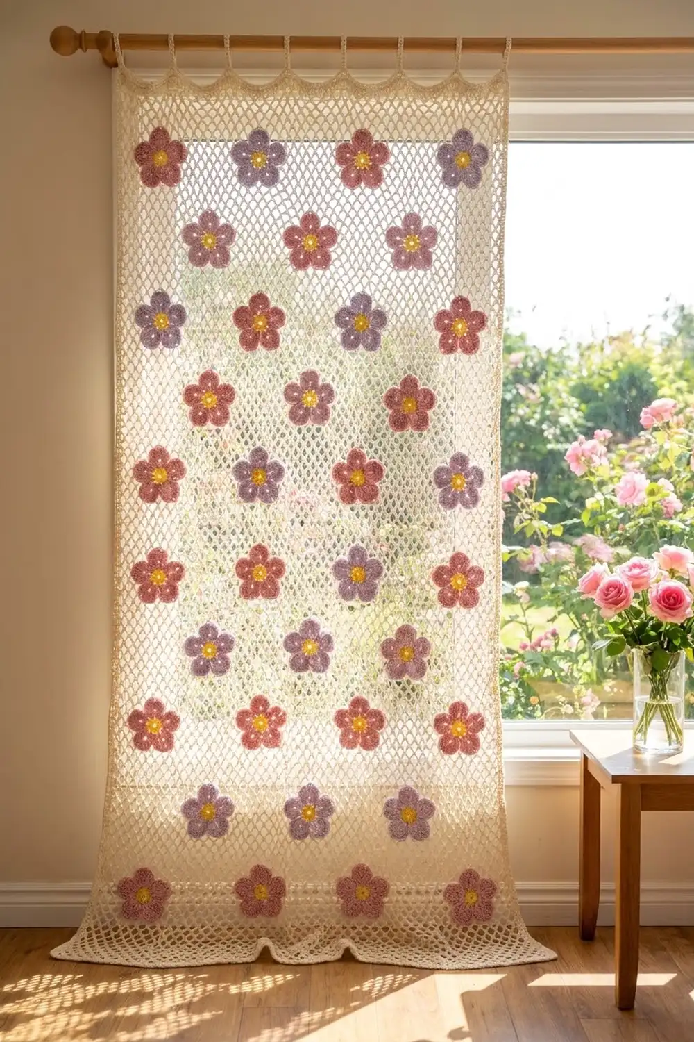 Cream crochet curtain with burgundy and purple flower appliqués and yellow centers hung in a bright window overlooking pink roses.