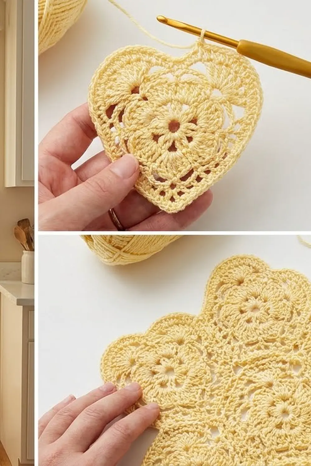 Hand holding pale yellow crocheted heart with delicate floral openwork design and golden crochet hook.