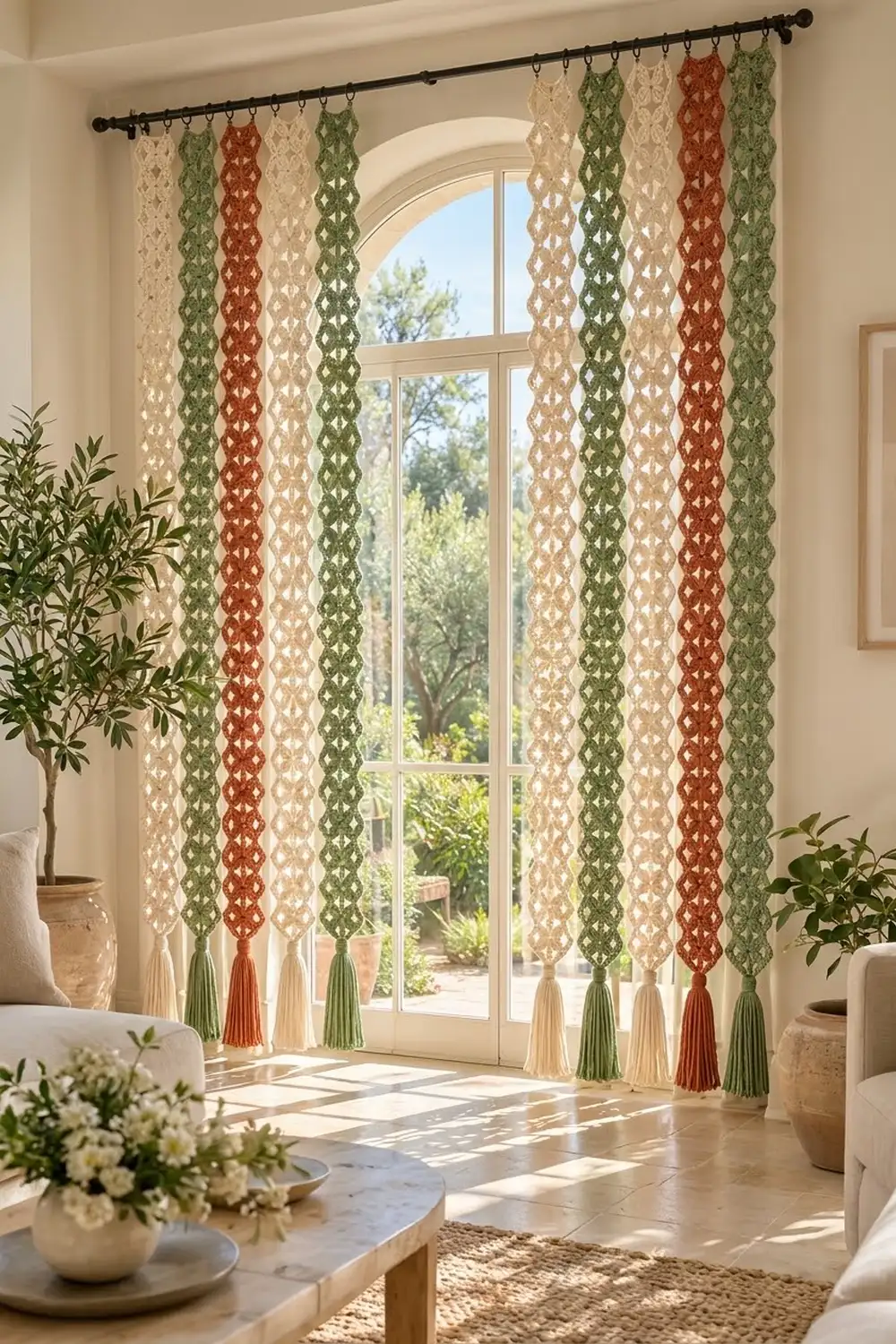 Crocheted curtain panels in green, cream, and rust with tassels frame an arched window overlooking a garden.