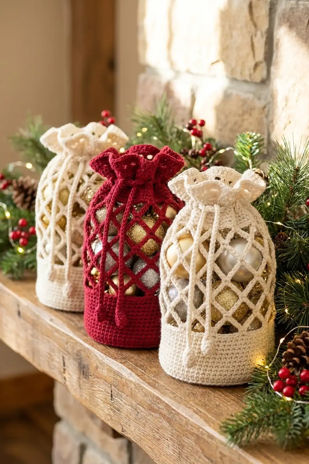 Cream and burgundy crocheted gift bags filled with metallic ornaments displayed with evergreen branches, pinecones, and red berries on wood.