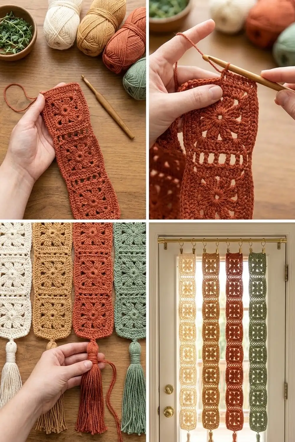 Crocheted lace strips in warm earth and cool tones shown in progress and hung as decorative window panels with tassels.