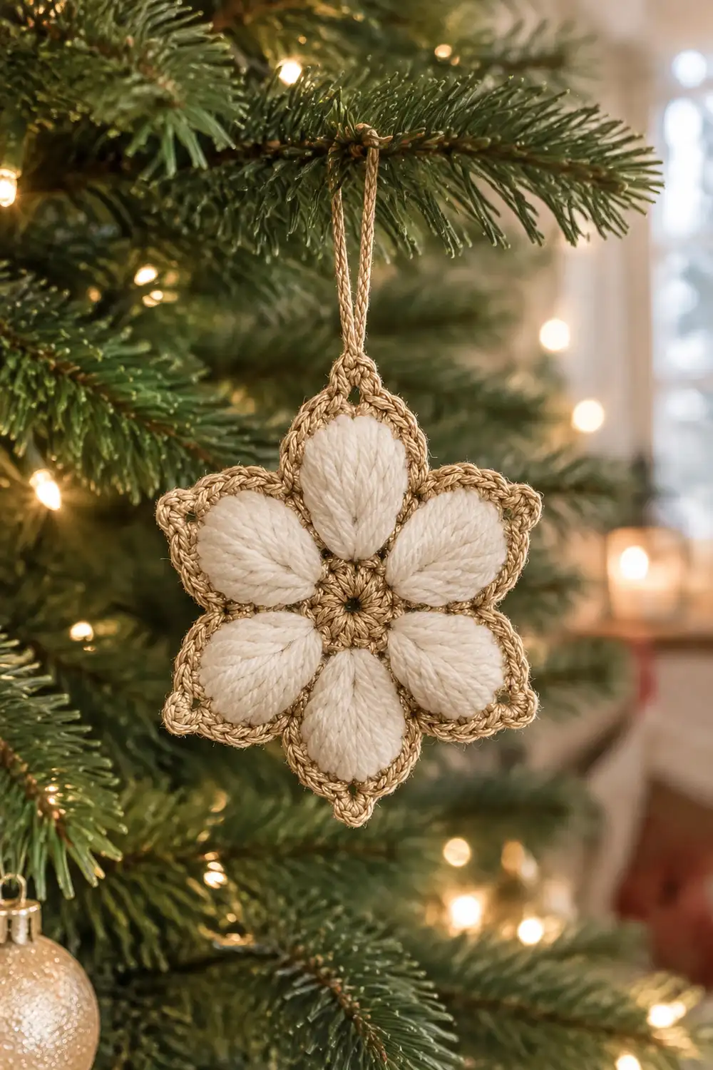 A cream and tan crocheted flower ornament hangs from an evergreen branch amid warm white string lights.