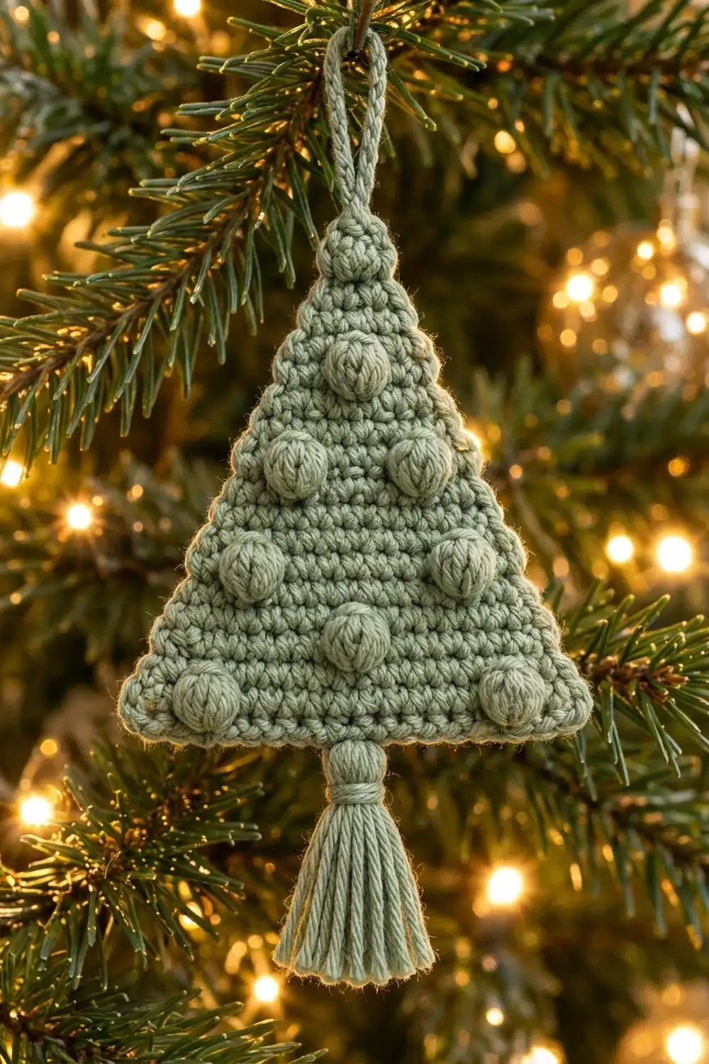 Crocheted sage-green Christmas tree ornament with bobbles hanging on an evergreen branch with warm golden lights.