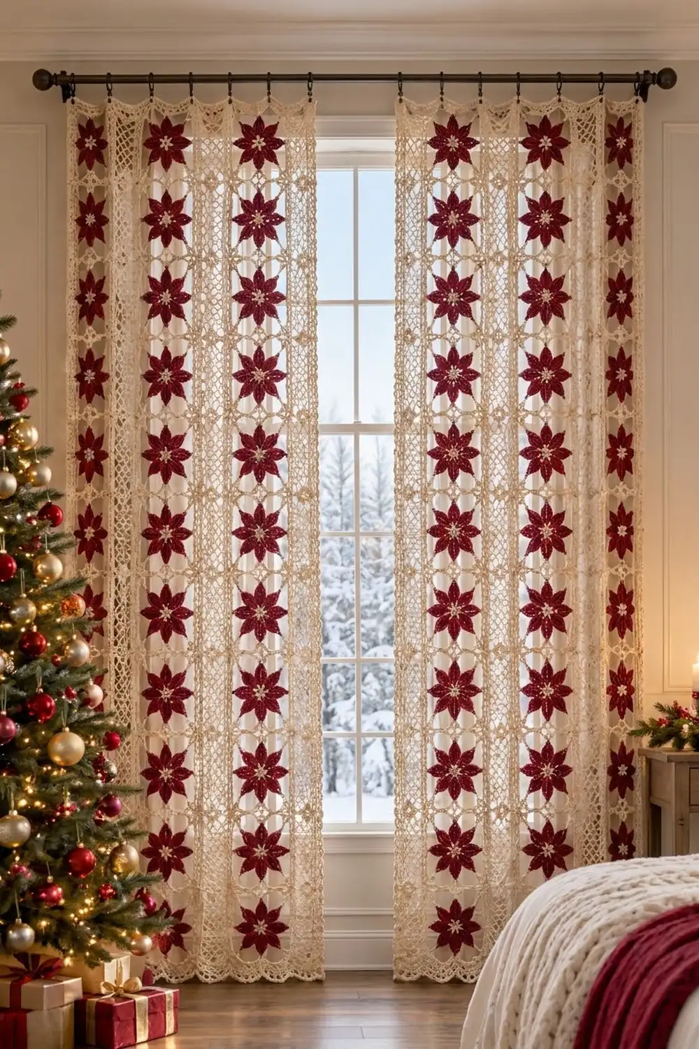 Crocheted cream and deep red star-patterned curtains hang from a black rod in a Christmas-decorated bedroom with snowy window view.