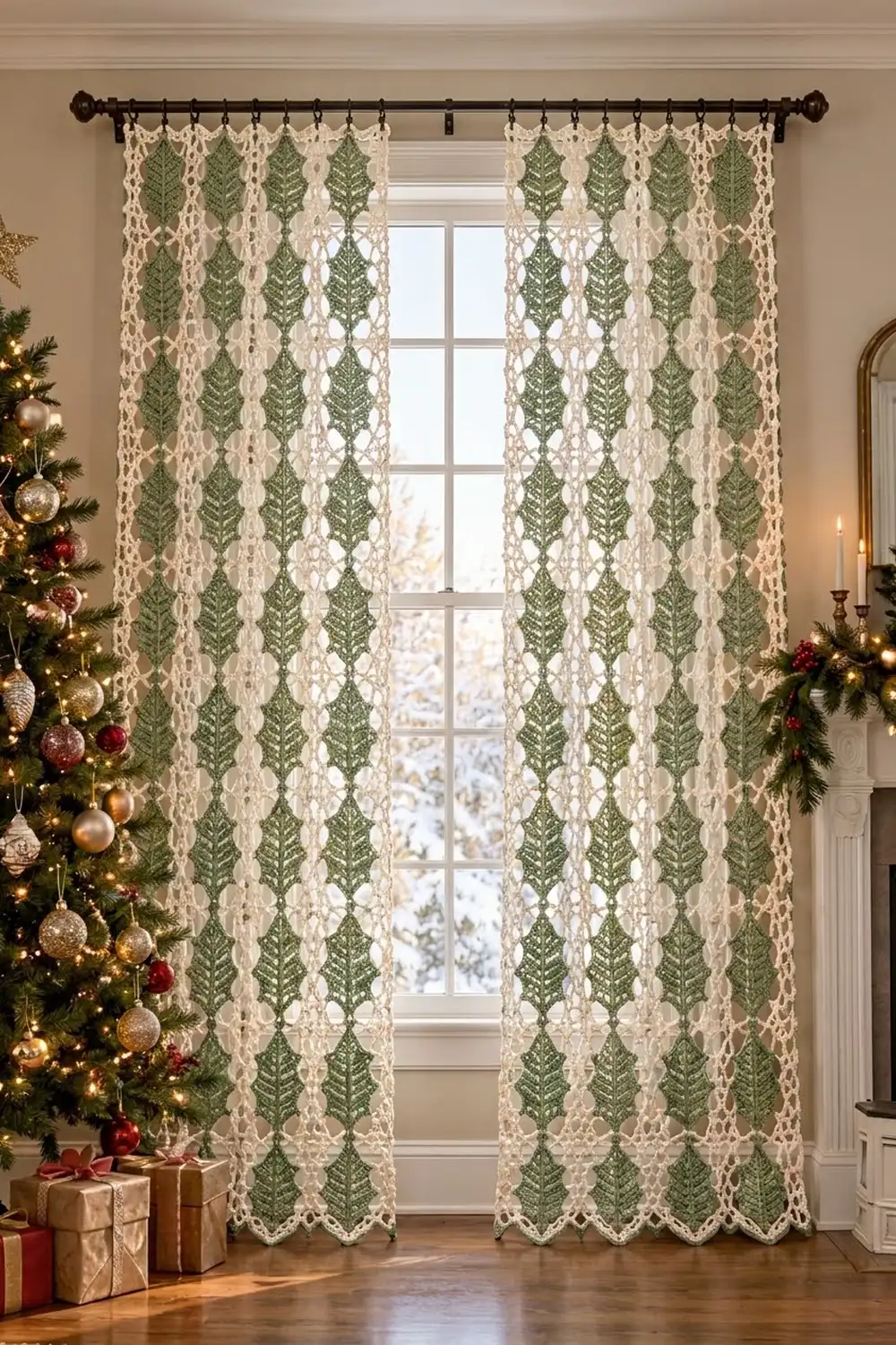 Cream and green crocheted lace curtains with leaf motifs hang at a window, flanked by Christmas tree and holiday décor.