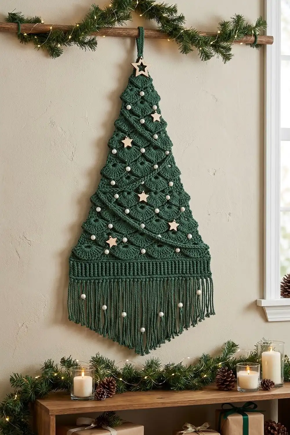 Dark green crocheted Christmas tree with white beads and stars hanging above a wooden shelf decorated with candles and garland.
