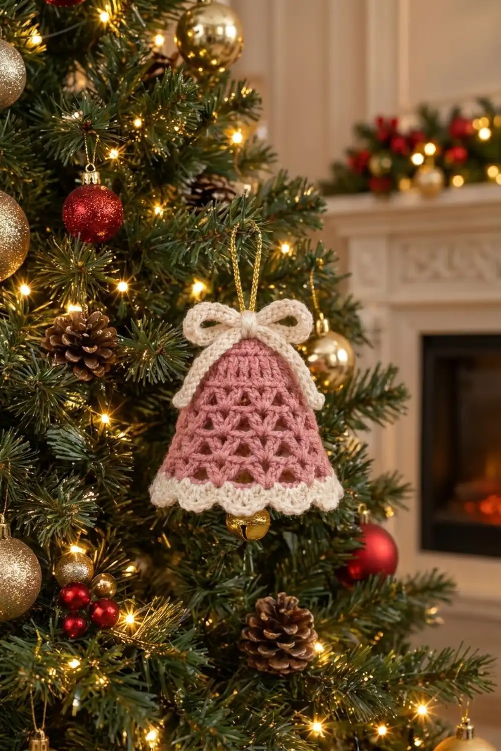 Crocheted bell ornament with pink bell and cream bow hanging on illuminated Christmas tree with red and gold decorations.