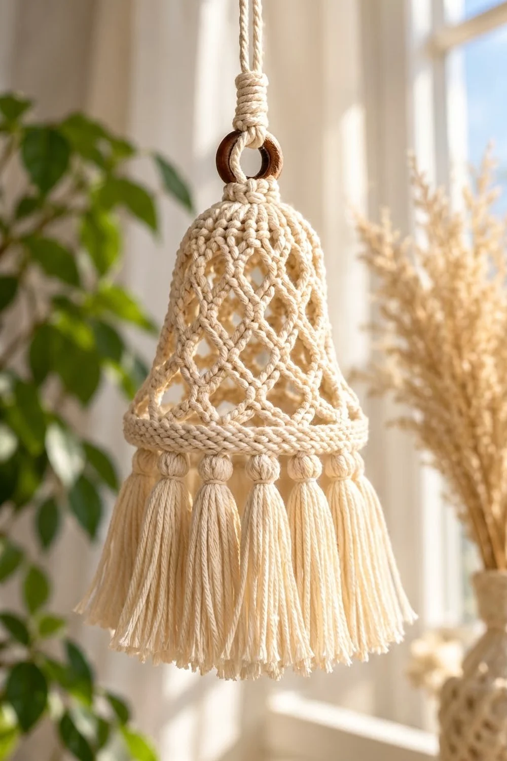 Cream macramé bell with tassel fringe hanging by a bright window, styled with green plants and dried grasses.