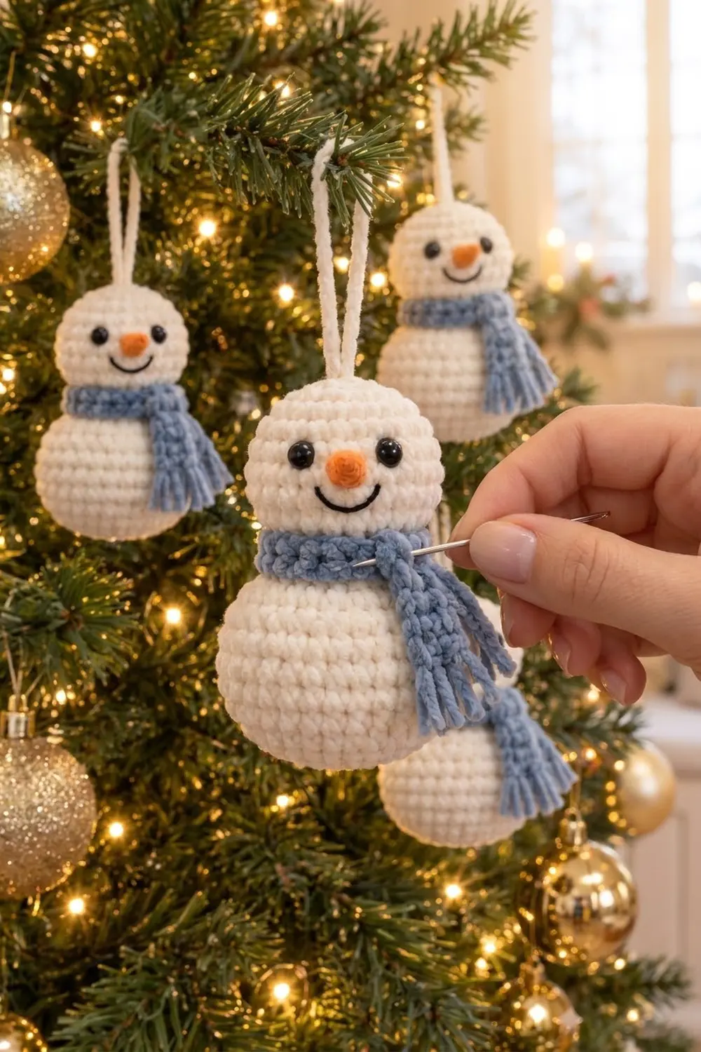 Hand holding a crocheted snowman ornament with blue scarf on a Christmas tree with warm golden lights.