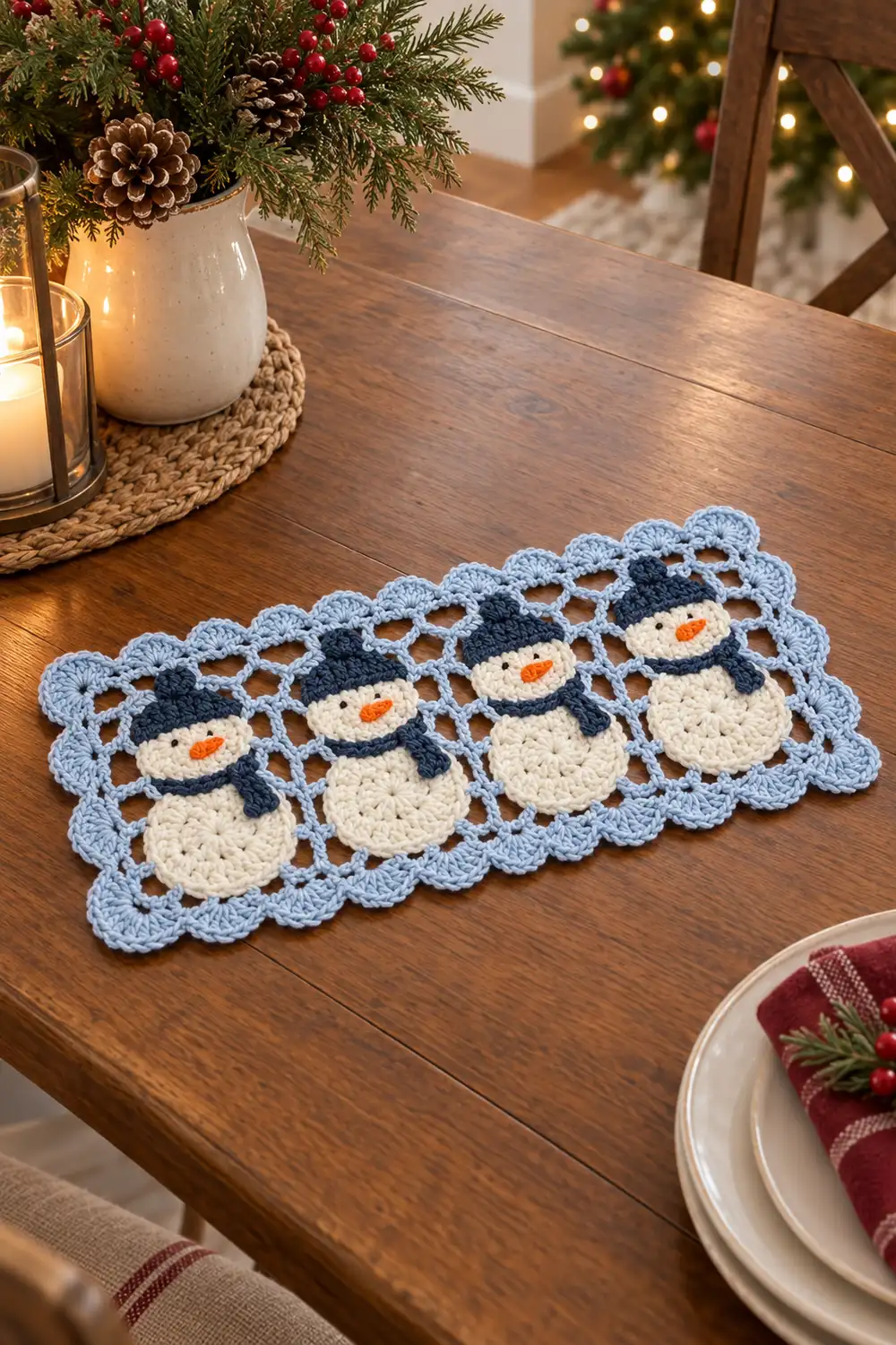A crocheted snowman table runner with blue, cream, and orange details displayed on a wooden dining table with holiday decorations.