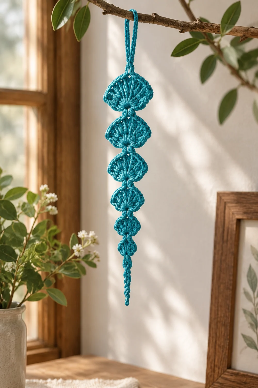 A turquoise crocheted ornament with six connected shell-shaped motifs hangs from a branch near a window with plants.