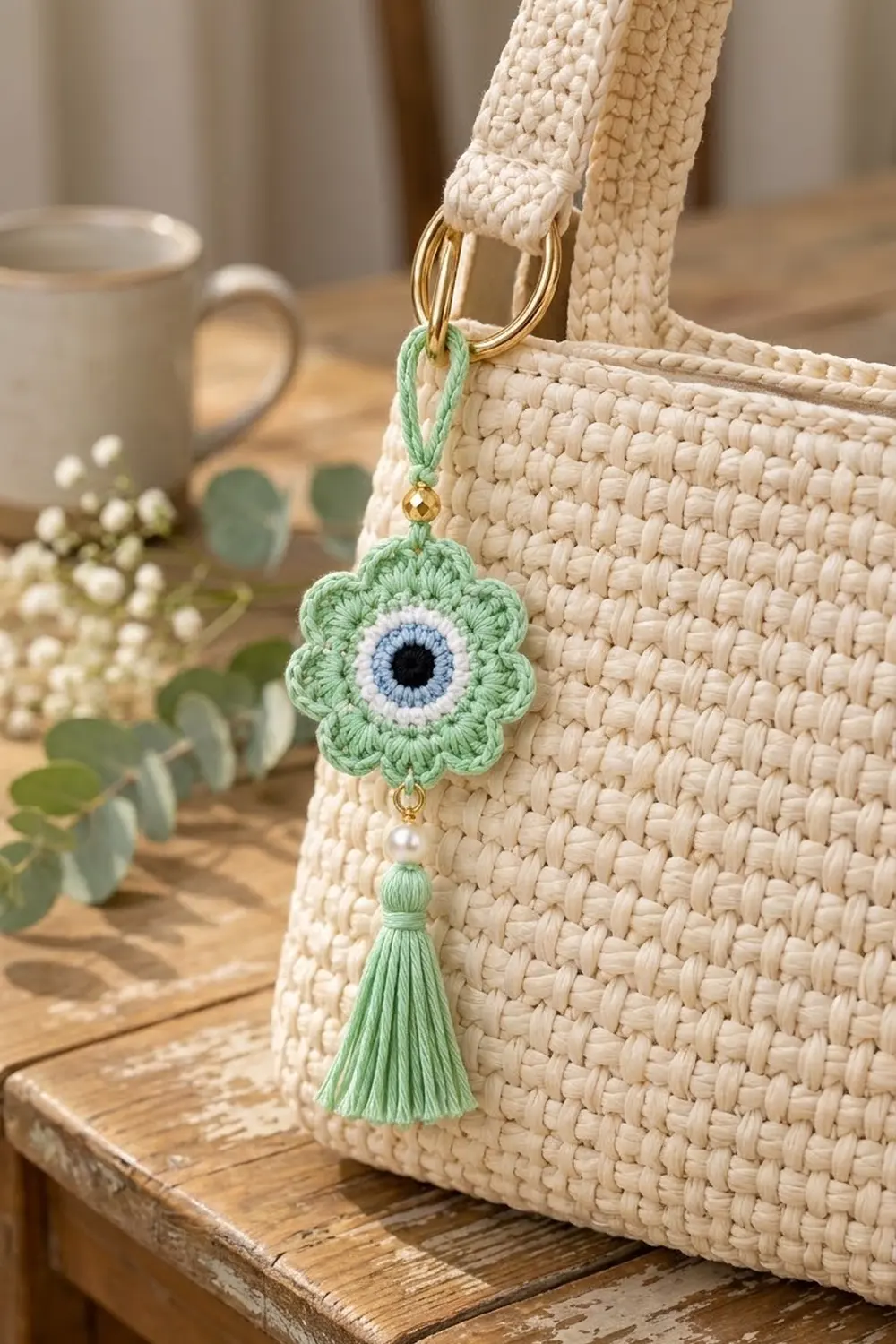 Green crocheted flower charm with blue center dangling from cream-colored woven tote bag on wooden table.