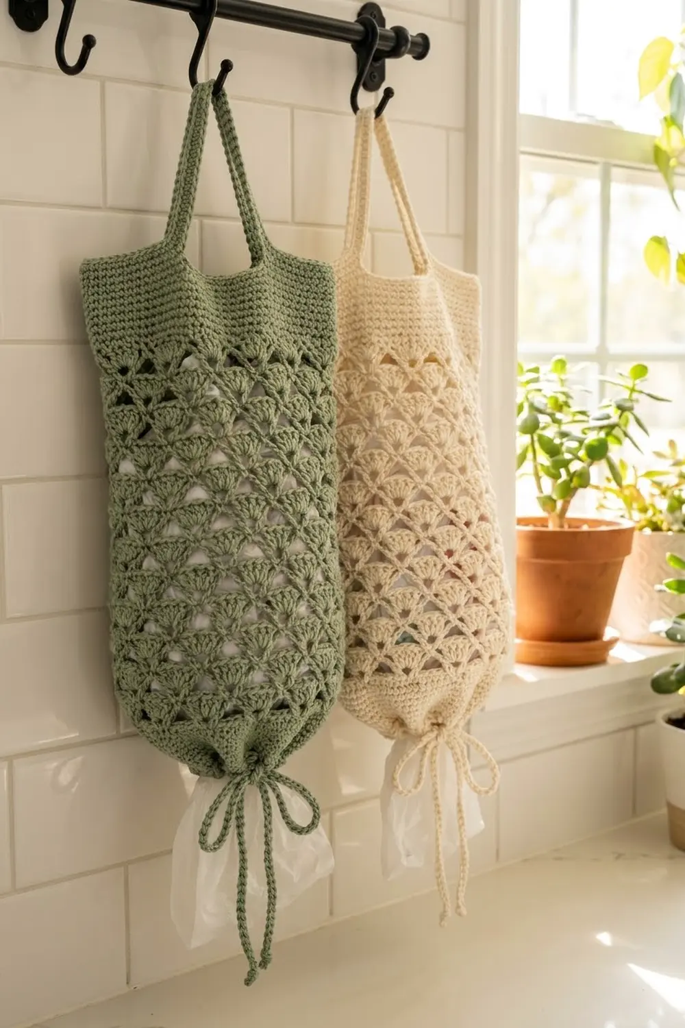 Two crocheted market bags in sage green and cream hang on hooks by a sunny window with potted plants.