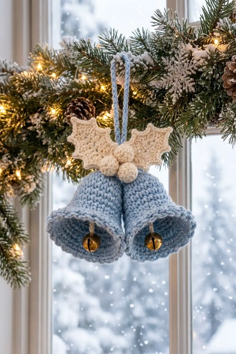 Crocheted blue bell ornament with cream holly leaf hanging in snowy window decorated with garland and golden lights.
