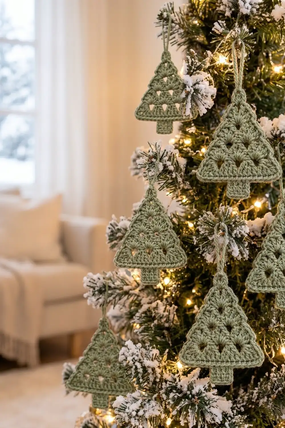 Crocheted sage green tree ornaments with frosty snow hang on a glowing evergreen garland in a warm, bright living room.