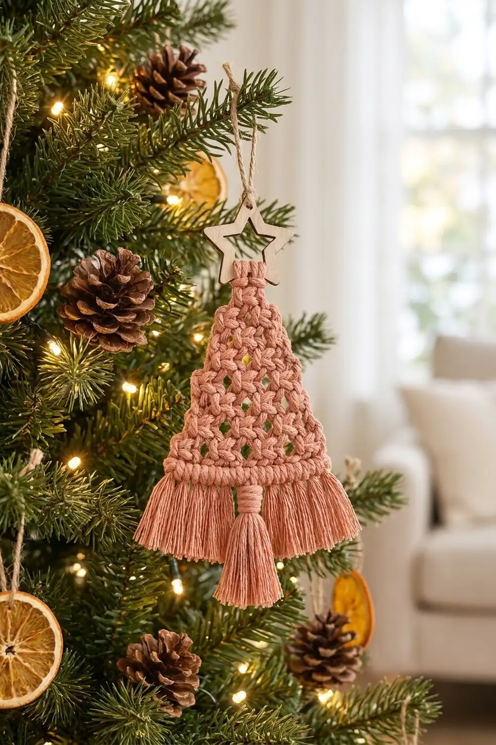 Pink crocheted tree ornament with wooden star hanging on evergreen wreath with lights, pinecones, and dried orange slices.