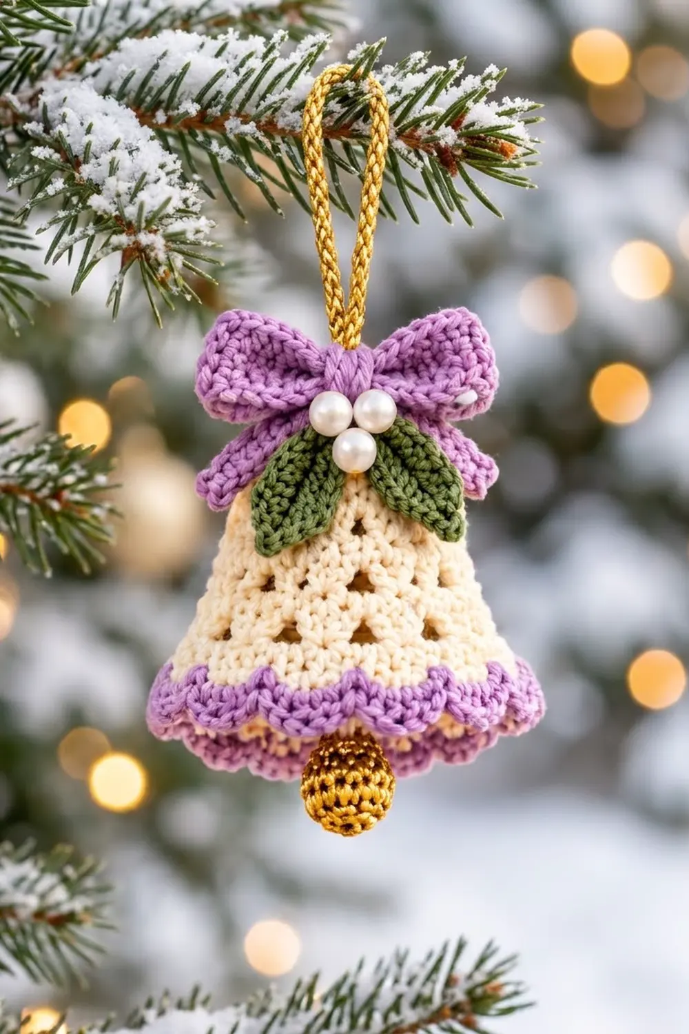 Crocheted cream bell with purple ruffled trim and bow, pearl accents, hanging on snow-dusted evergreen branch with blurred warm lights.