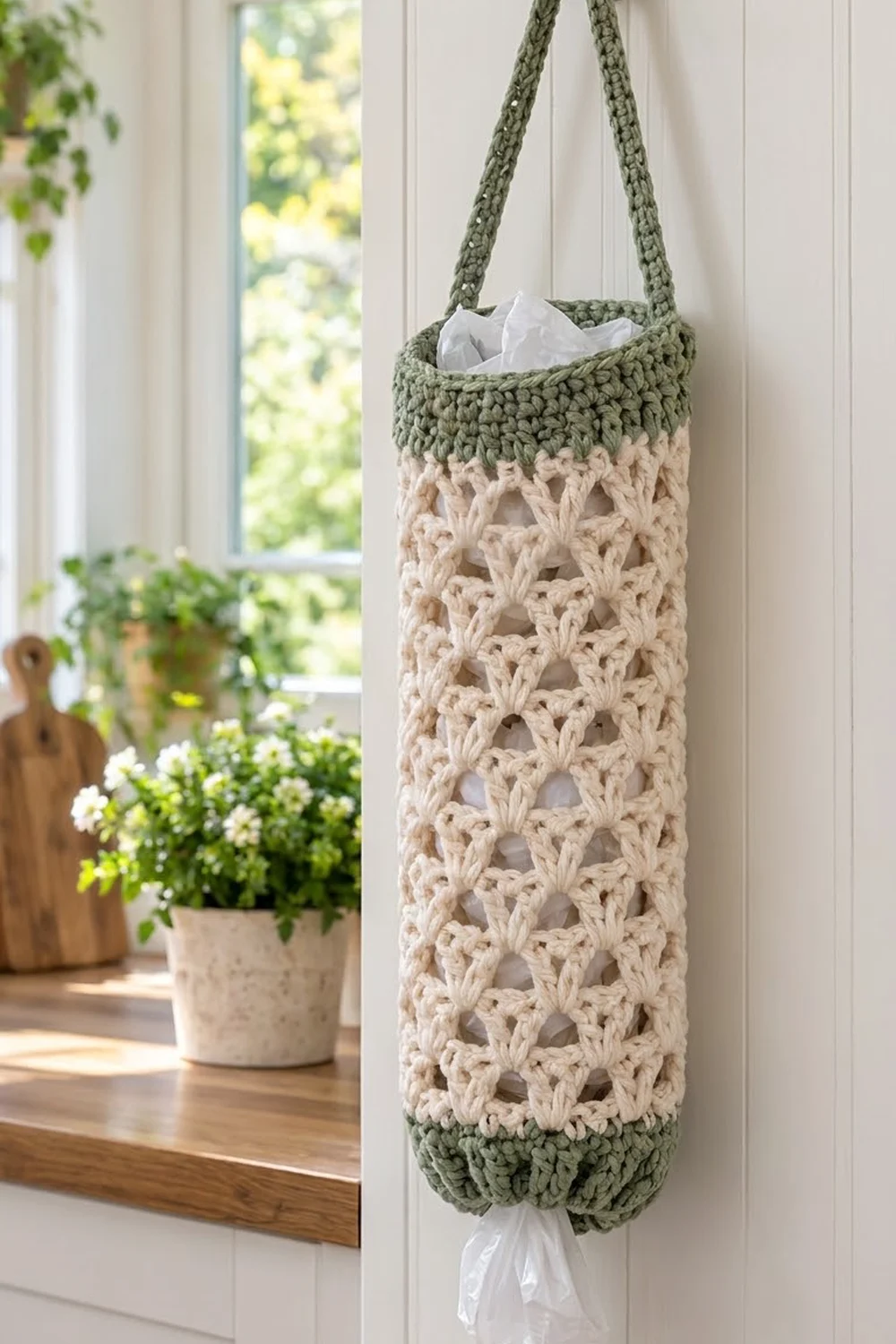 Crocheted hanging storage bag in sage green and cream with lattice stitch, displayed on a sunlit windowsill near plants.