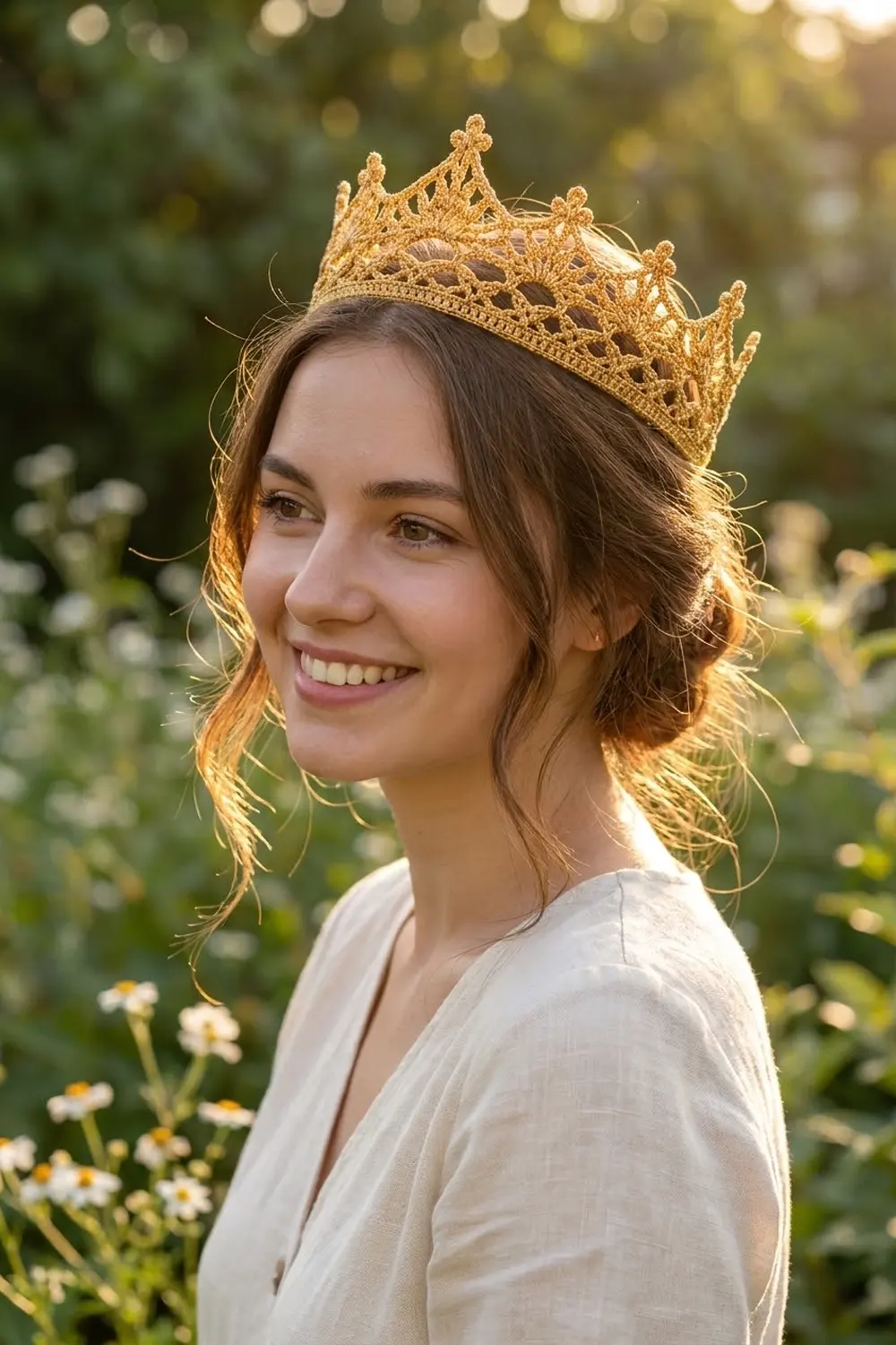 Woman wearing intricate golden lace crown in cream dress poses smiling in sunlit garden with white flowers blooming behind her.