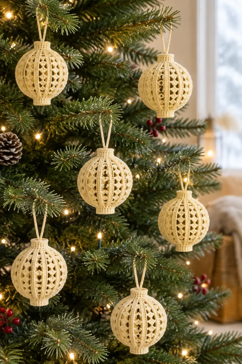Cream-colored crocheted ball ornaments with geometric patterns hang from a decorated evergreen Christmas tree with warm lights.