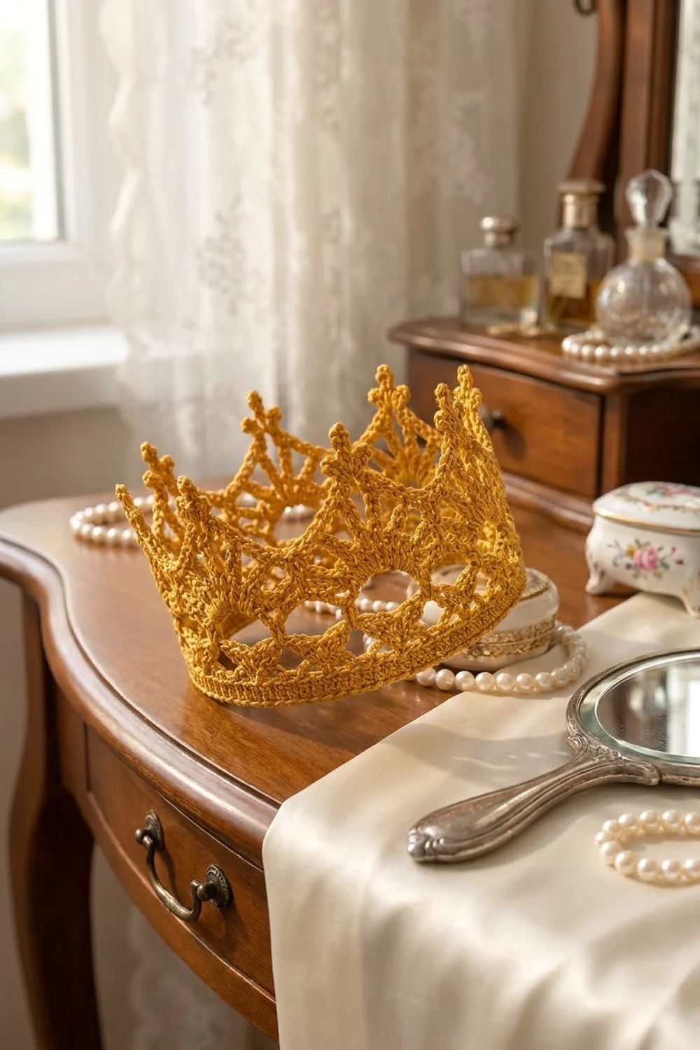 A golden crocheted crown sits on a wooden dresser with pearl strands and cream cloth amid elegant vintage decor.