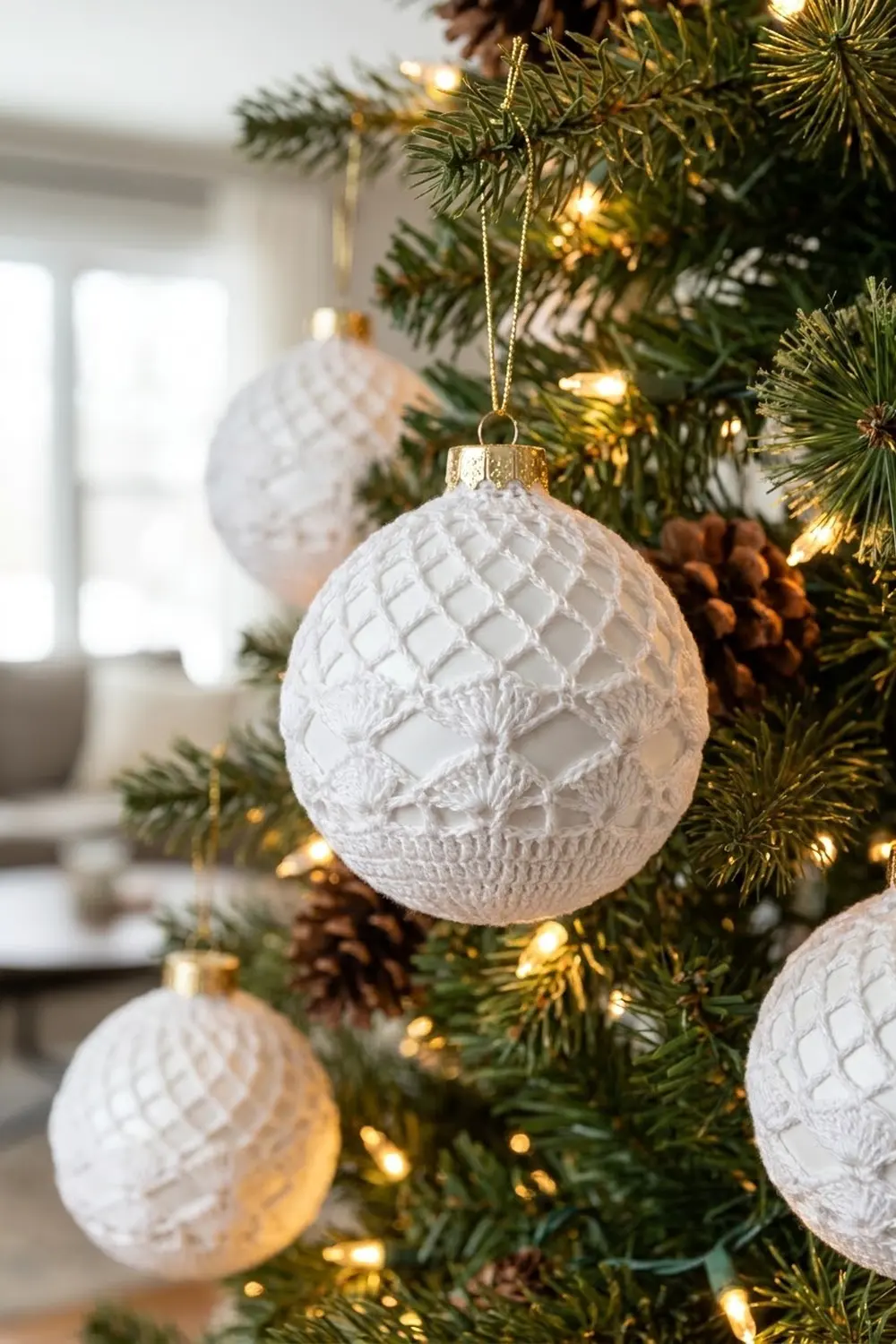 White crocheted ornaments with quilted diamond patterns hang from an illuminated evergreen Christmas tree.