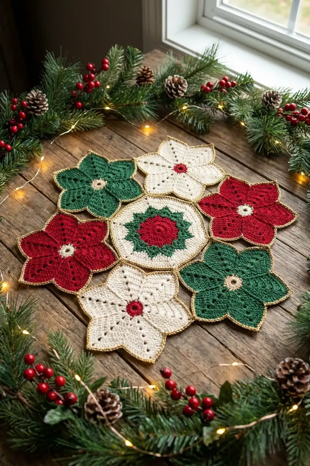 Crocheted flower coasters in red, white, and green with gold edges arranged on wood beside holiday garland and twinkling lights.