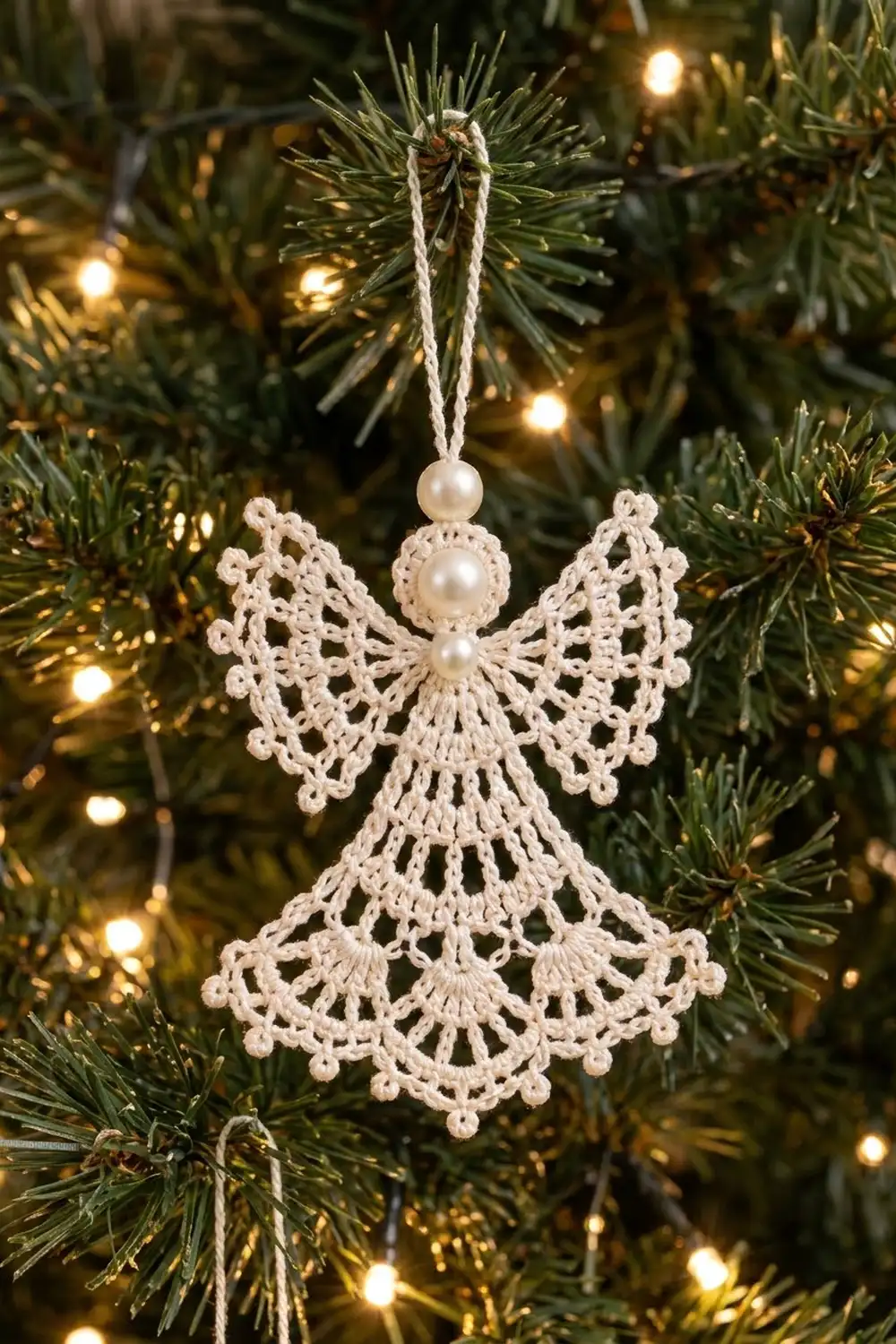 Cream crocheted angel ornament with pearl bead accents hanging on an illuminated Christmas tree.